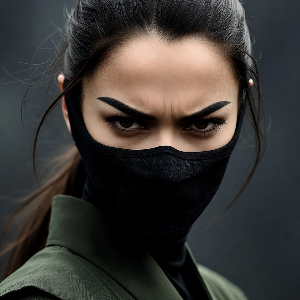 Woman in black mask and green jacket Woman in black mask and green jacket