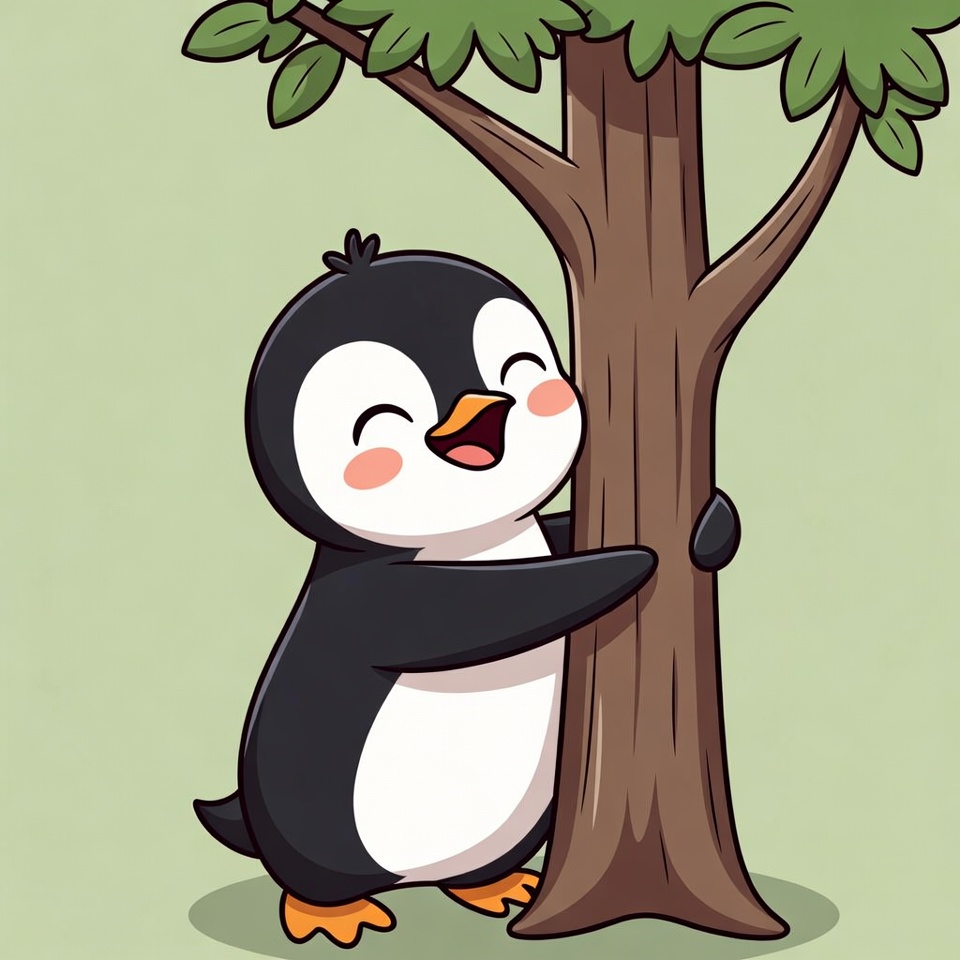 Cartoon Penguin Hugging Tree Cartoon Penguin Hugging Tree