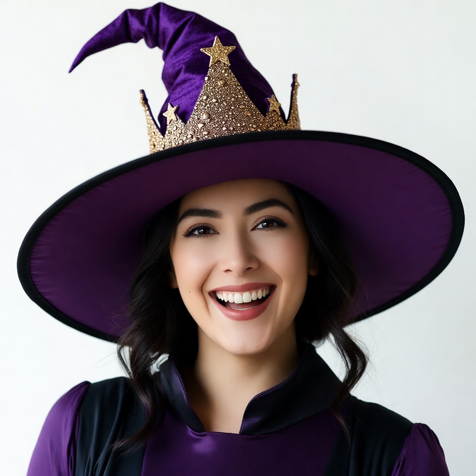 Smiling woman in purple witch hat Smiling woman in purple witch hat