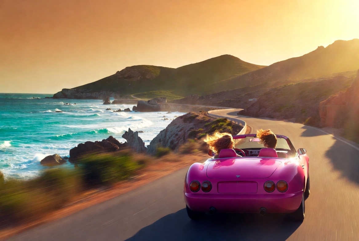 Couple driving pink convertible coastal road Couple driving pink convertible coastal road