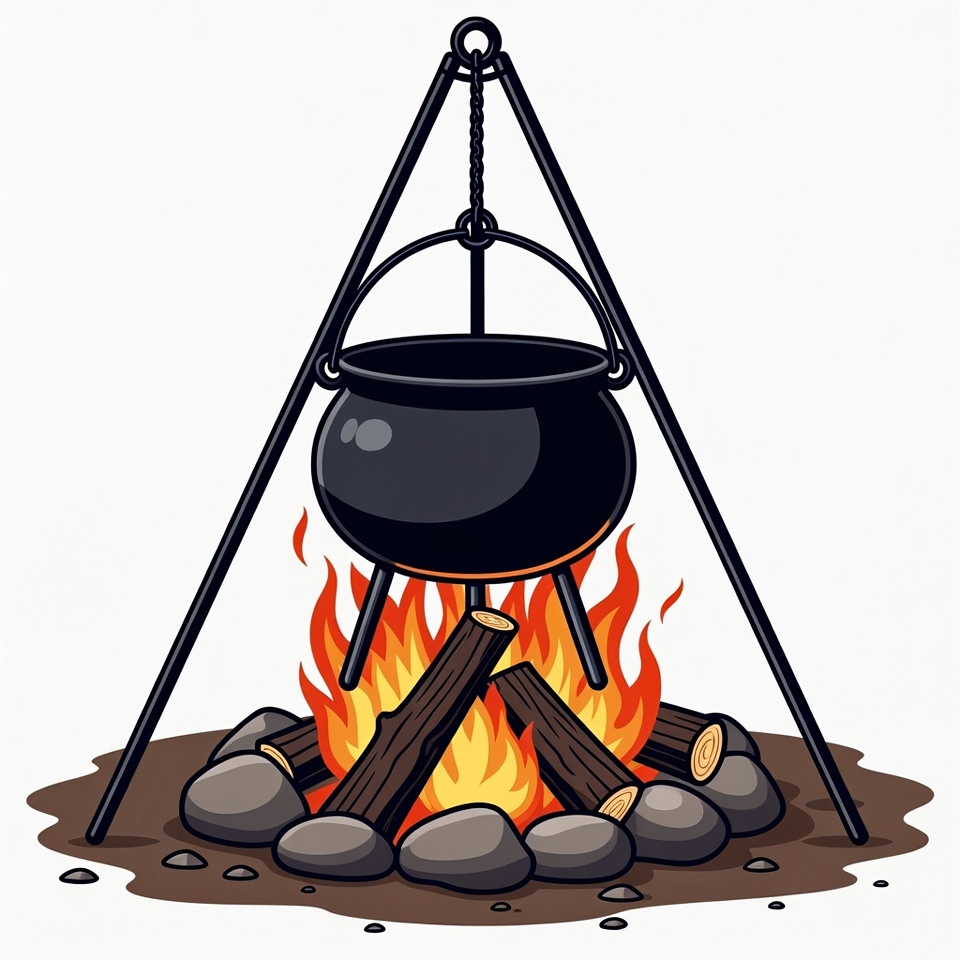 Campfire with Cauldron Over Flames Campfire with Cauldron Over Flames
