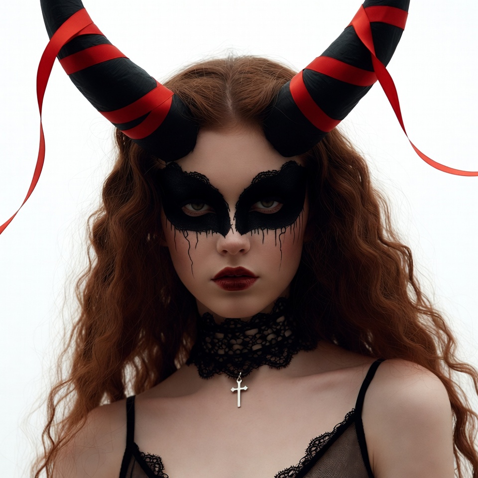 Woman with red demon horns mask Woman with red demon horns mask
