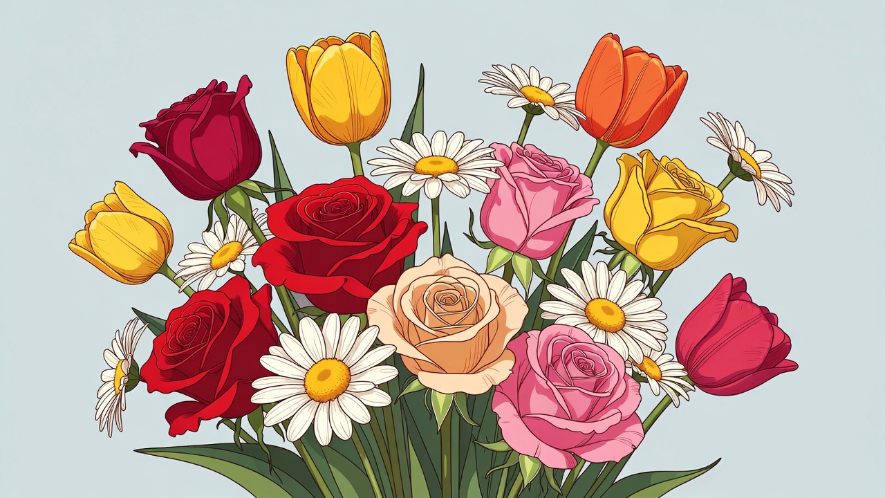 Colorful Tulips and Roses Bouquet Illustration Colorful Tulips and Roses Bouquet Illustration