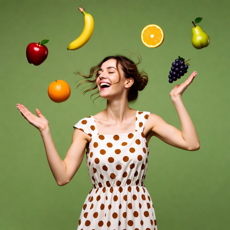 Woman juggling fruits Woman juggling fruits