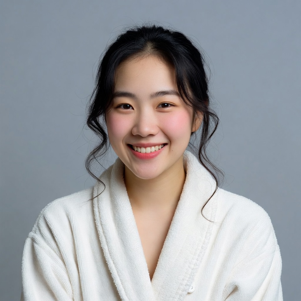 Asian woman smiling in white bathrobe Asian woman smiling in white bathrobe