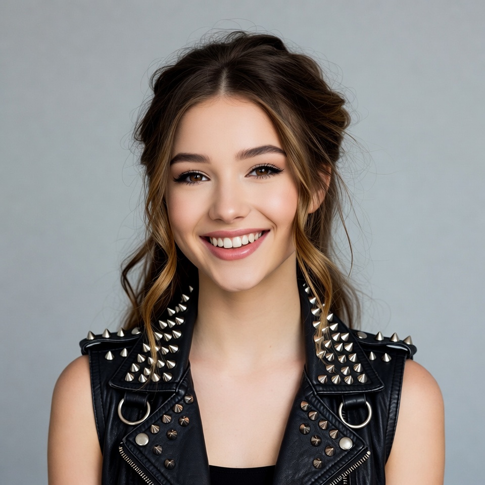 Smiling woman in studded leather vest Smiling woman in studded leather vest