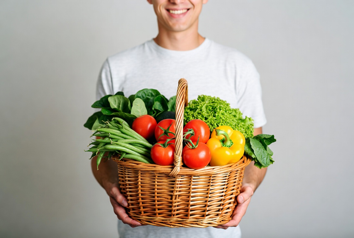 Man holding basket of fresh vegetables Man holding basket of fresh vegetables