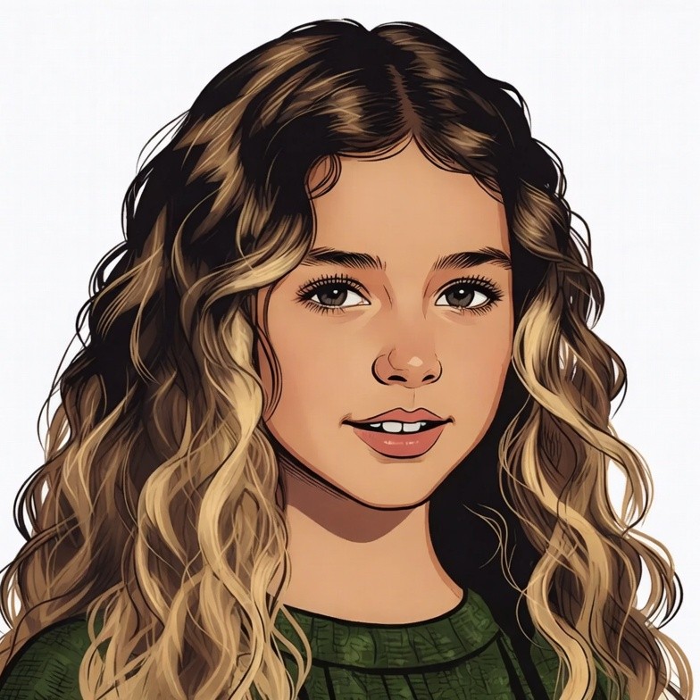 Curly-haired girl smiling illustration Curly-haired girl smiling illustration