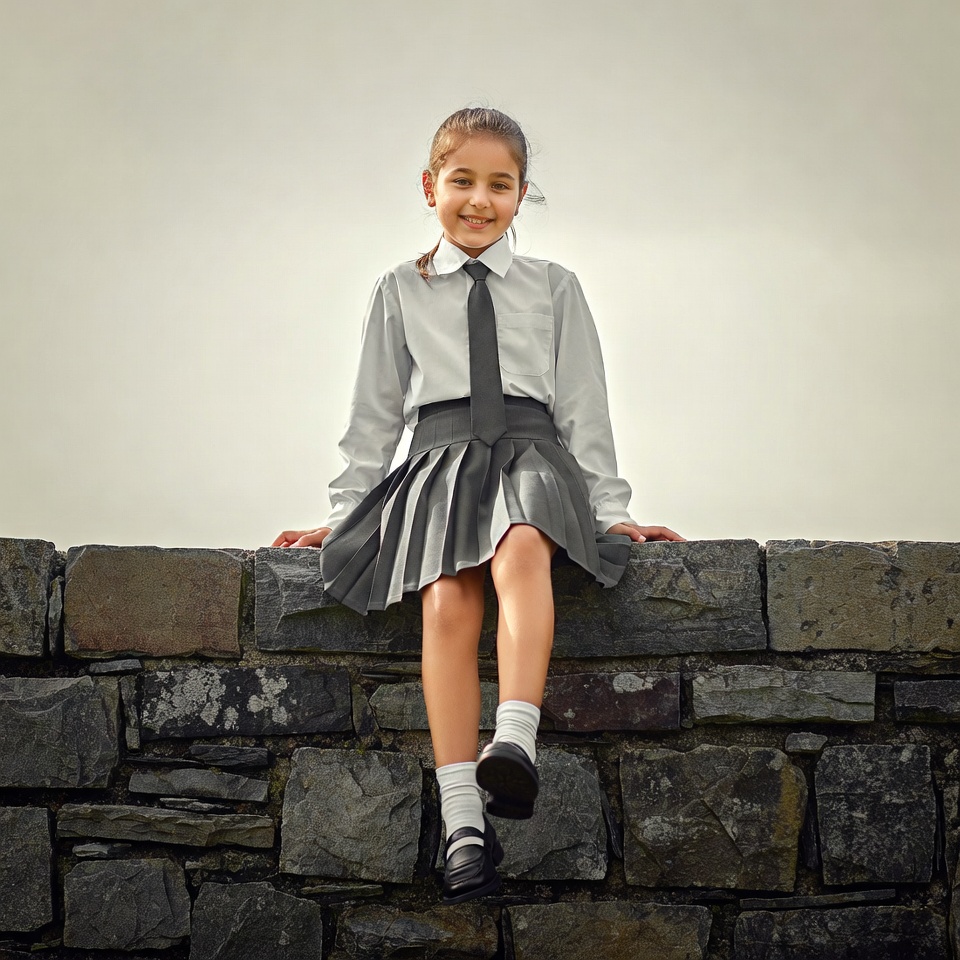 Girl in school uniform on stone wall Girl in school uniform on stone wall