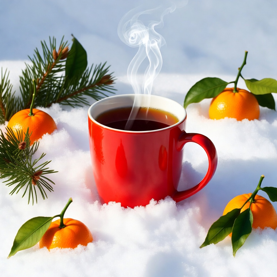 Hot Tea Cup with Oranges and Snow Hot Tea Cup with Oranges and Snow