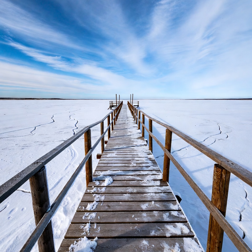 Wooden pier over frozen lake Wooden pier over frozen lake
