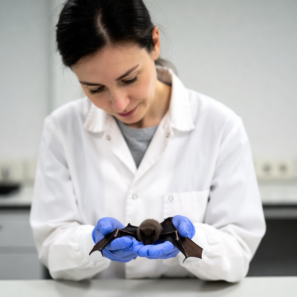Woman holding baby bat in lab Woman holding baby bat in lab