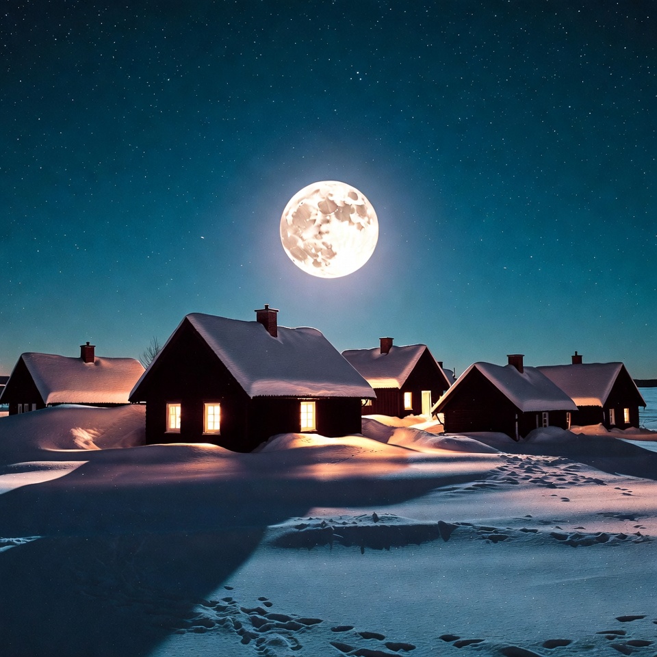 Snowy Houses Under Full Moon Snowy Houses Under Full Moon