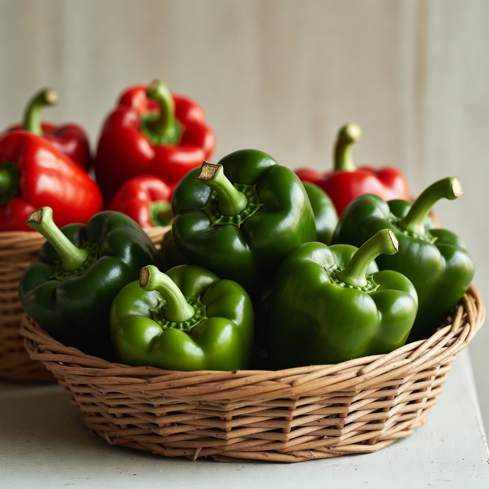 Green and Red Bell Peppers in Basket Green and Red Bell Peppers in Basket