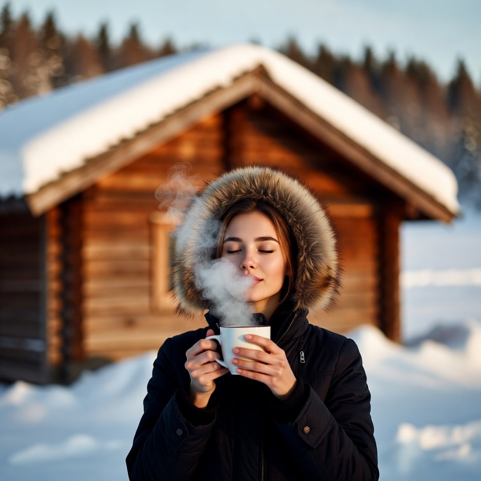 Woman sipping tea outside snowy cabin Woman sipping tea outside snowy cabin