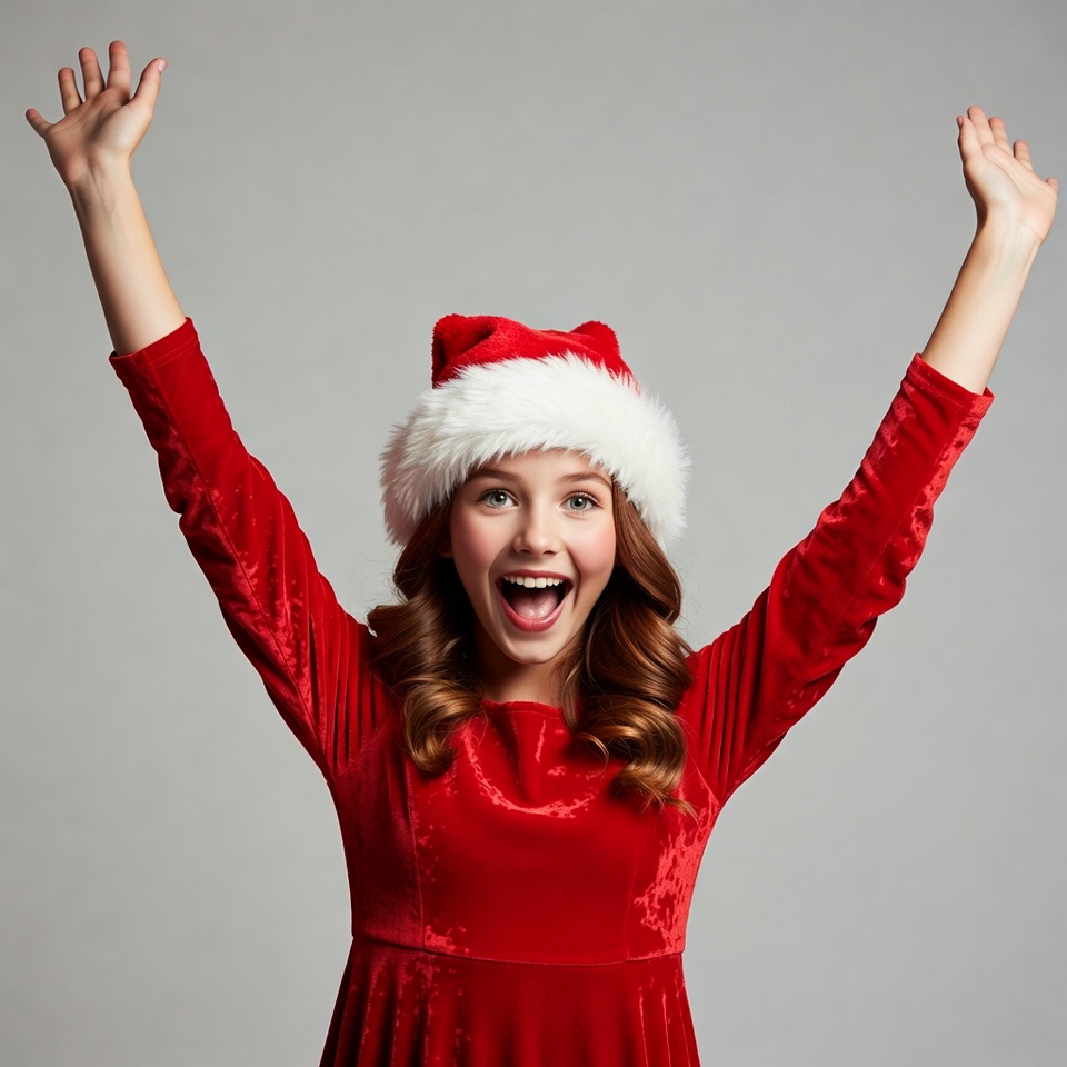 Girl in red Santa dress raising arms Girl in red Santa dress raising arms