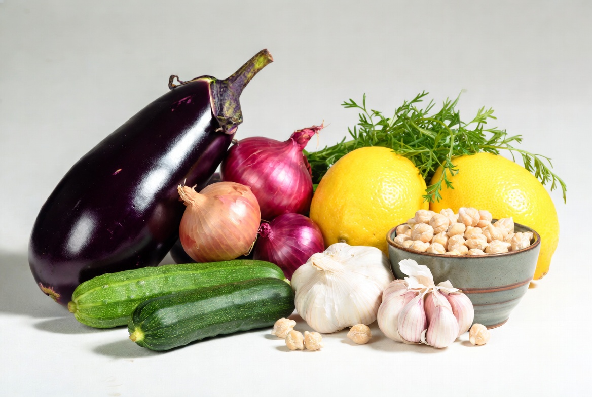 Fresh Eggplants Onions Cucumbers Lemons Garlic Fresh Eggplants Onions Cucumbers Lemons Garlic