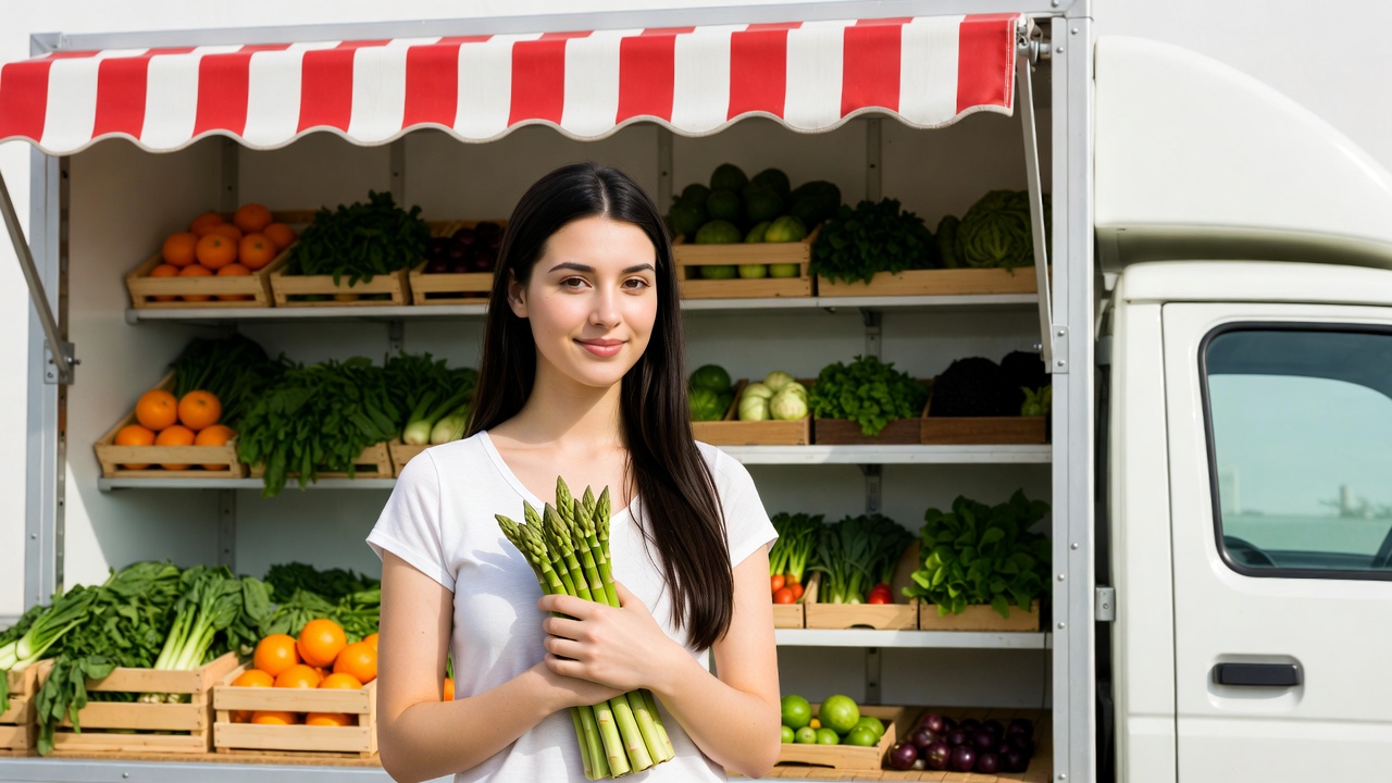 Woman holding asparagus at vegetable stand Woman holding asparagus at vegetable stand