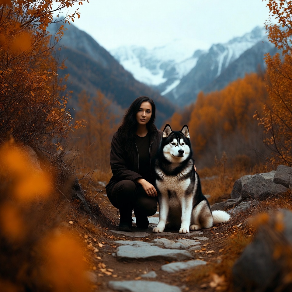 Woman with Siberian Husky in autumn mountains Woman with Siberian Husky in autumn mountains