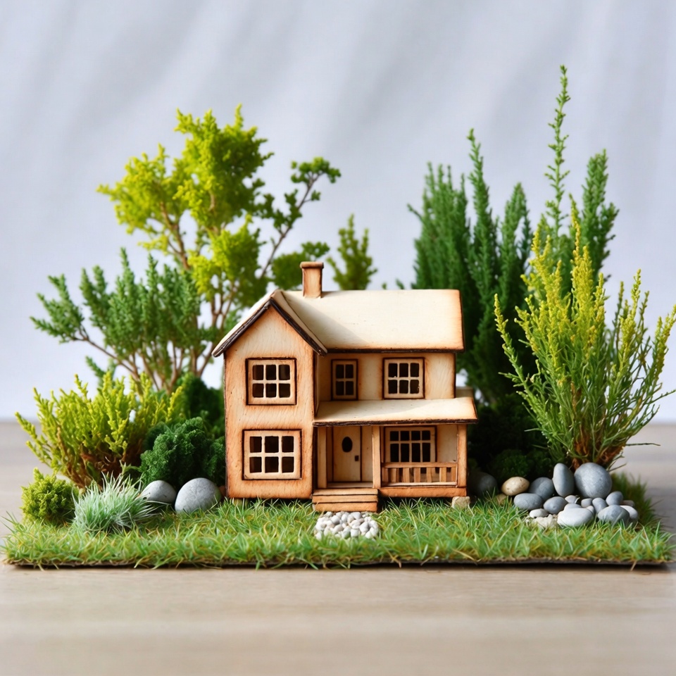 Wooden Miniature House with Trees Wooden Miniature House with Trees