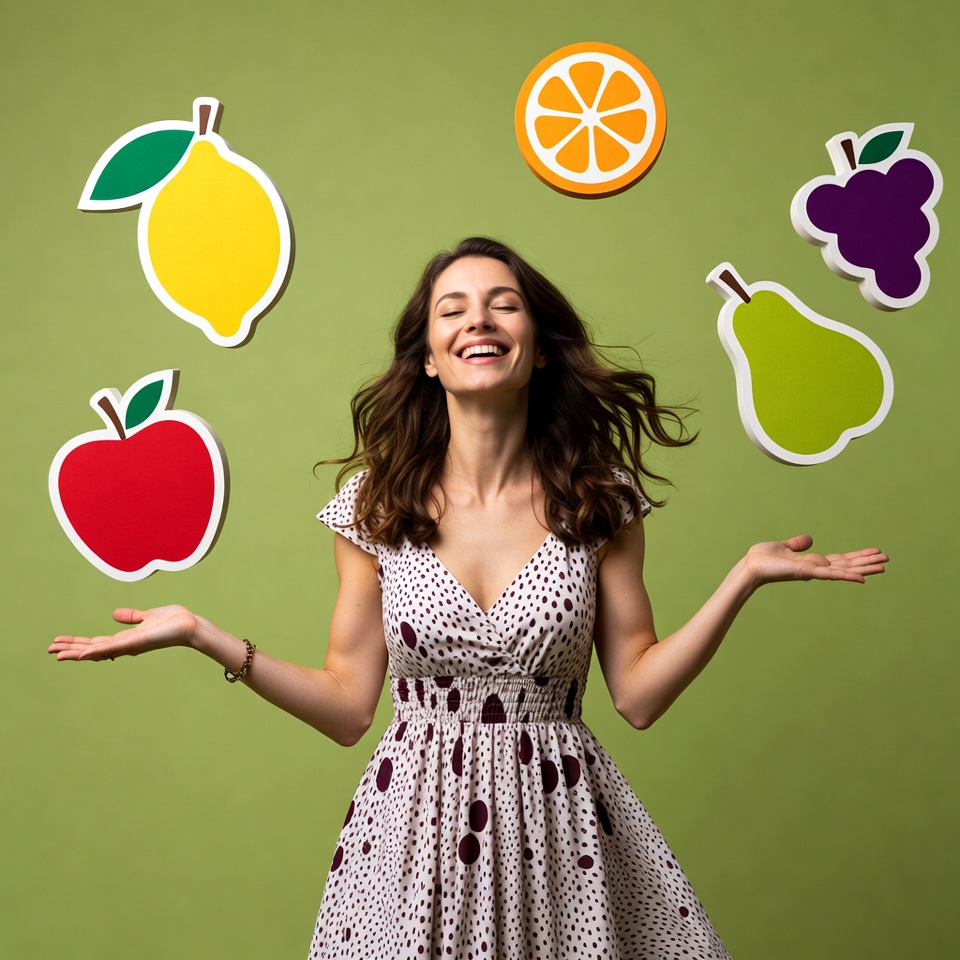 Woman smiling with fruit cutouts Woman smiling with fruit cutouts
