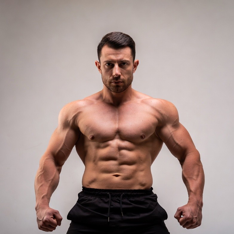 Muscular man flexing on gray background Muscular man flexing on gray background