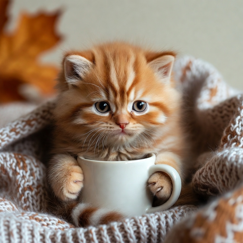 Kitten holding mug with autumn leaves Kitten holding mug with autumn leaves