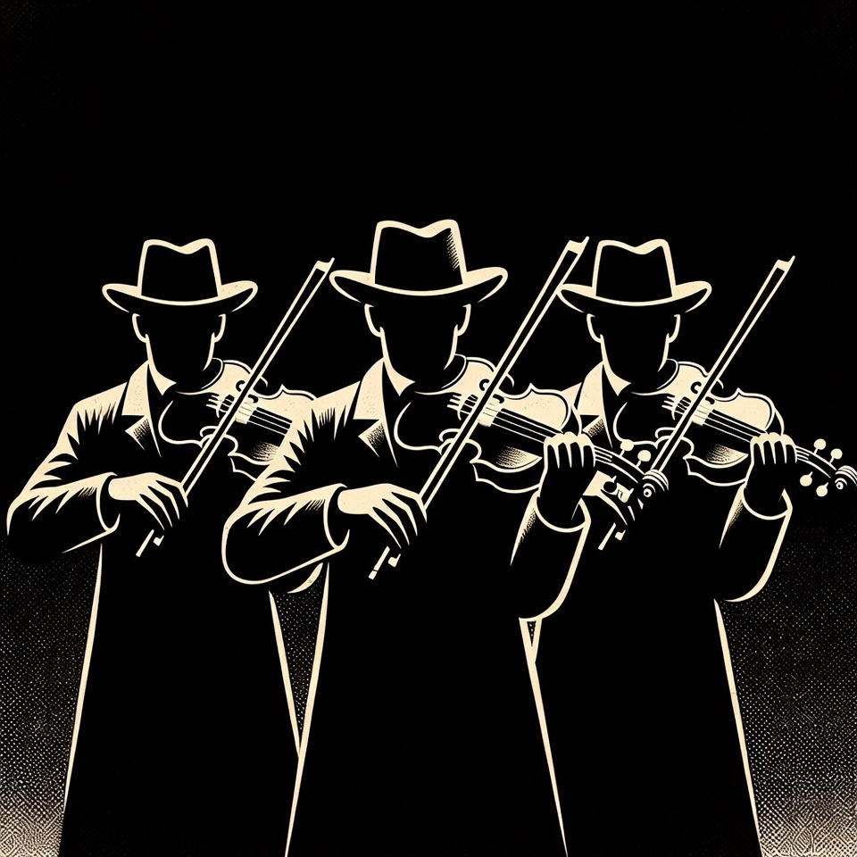 Three silhouetted men playing violins Three silhouetted men playing violins