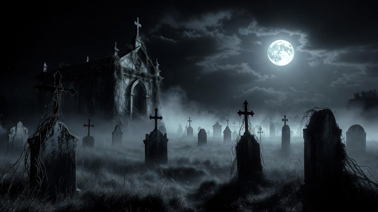 Moonlit Gothic Church in Foggy Cemetery Moonlit Gothic Church in Foggy Cemetery