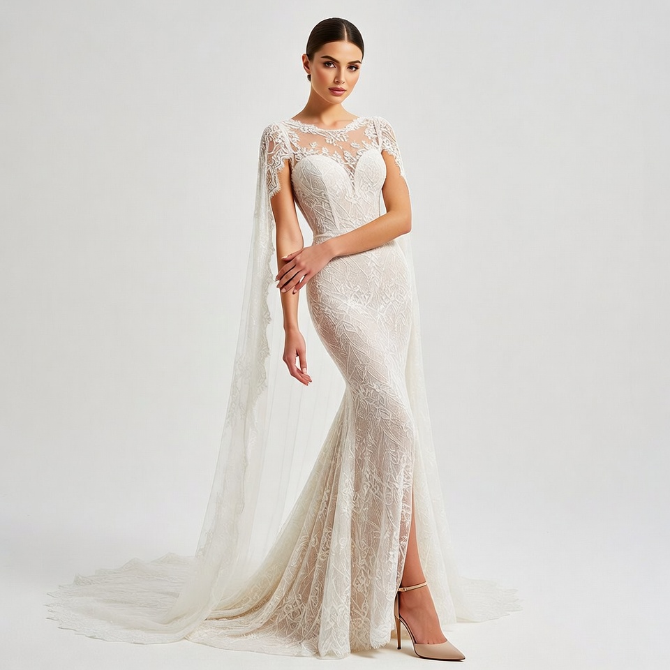 Woman in lace mermaid wedding gown Woman in lace mermaid wedding gown