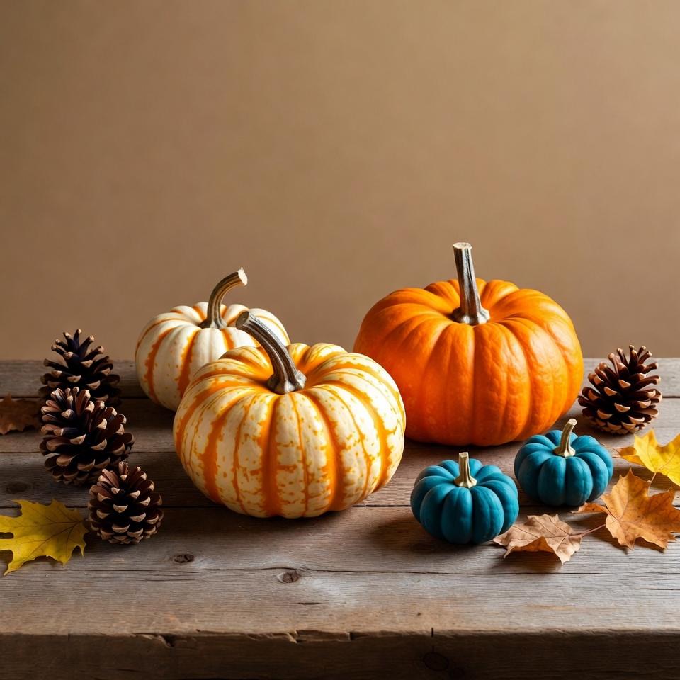 Colorful Pumpkins and Pinecones on Wooden Table Colorful Pumpkins and Pinecones on Wooden Table