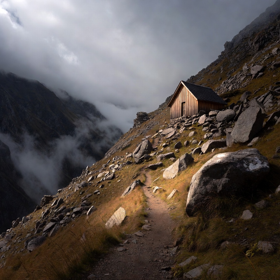 Wooden Cabin on Rocky Mountain Slope Wooden Cabin on Rocky Mountain Slope