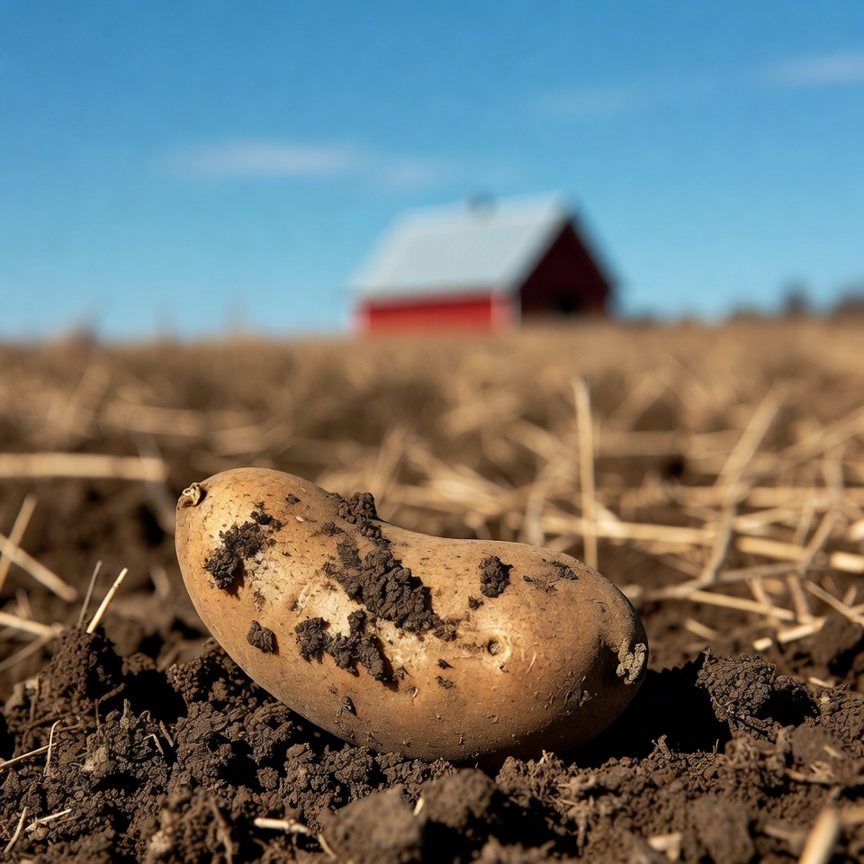 Potato on farm field with red barn Potato on farm field with red barn