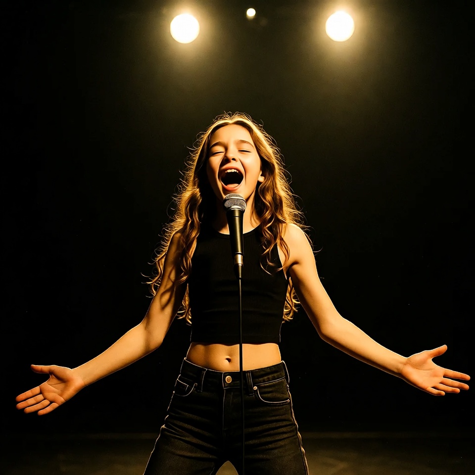 Teen girl singing on stage Teen girl singing on stage
