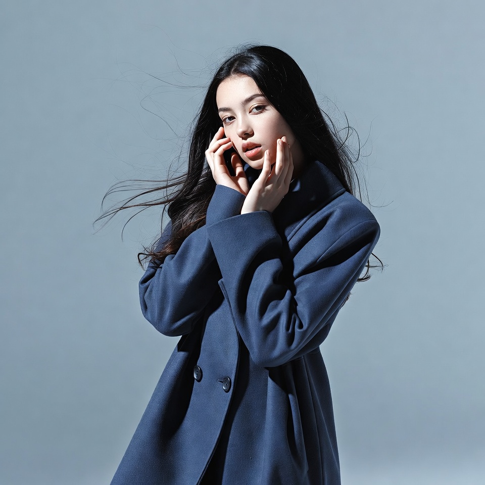 Asian woman in navy coat touching face Asian woman in navy coat touching face