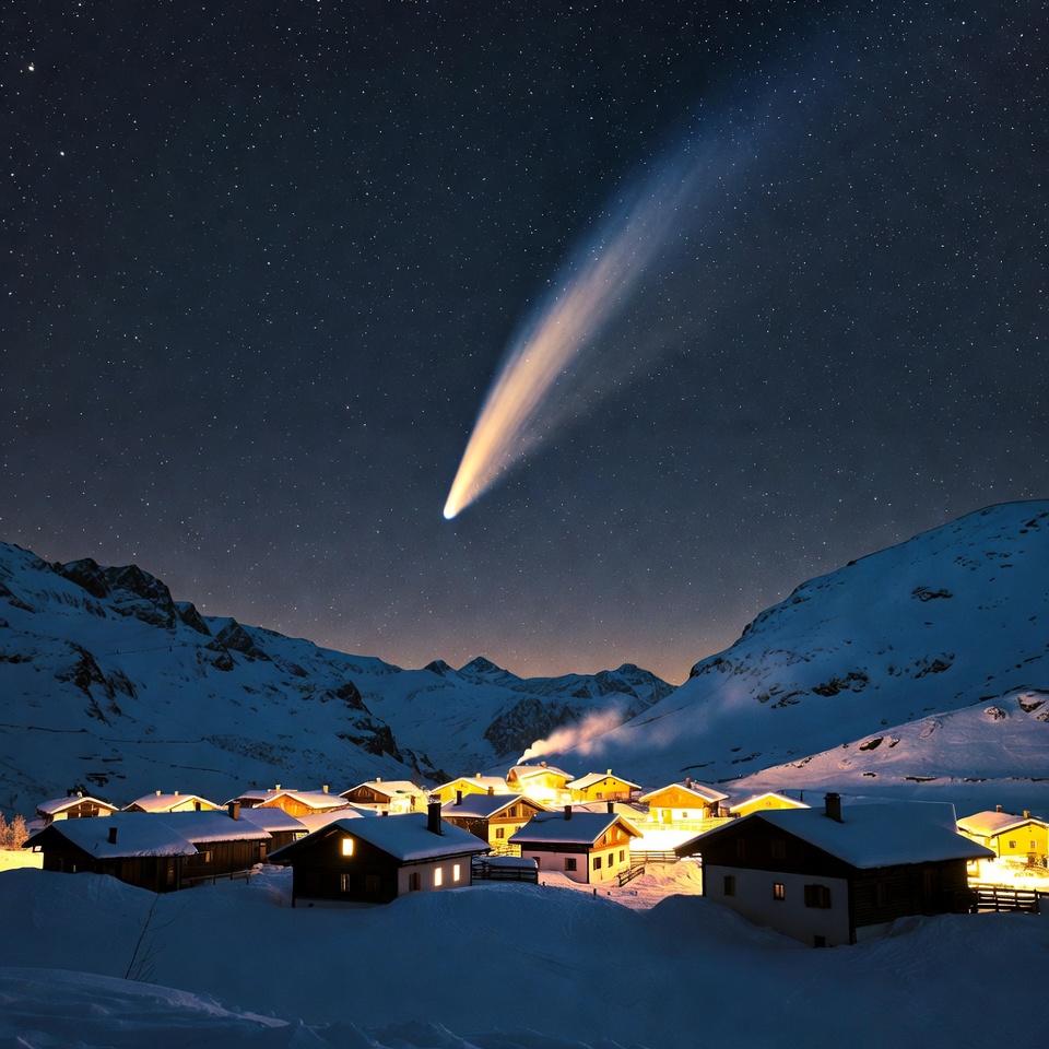 Comet over snowy alpine village Comet over snowy alpine village