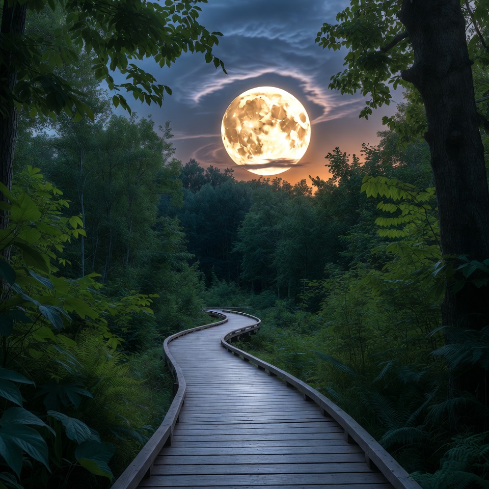 Moonlit Wooden Boardwalk in Forest Moonlit Wooden Boardwalk in Forest