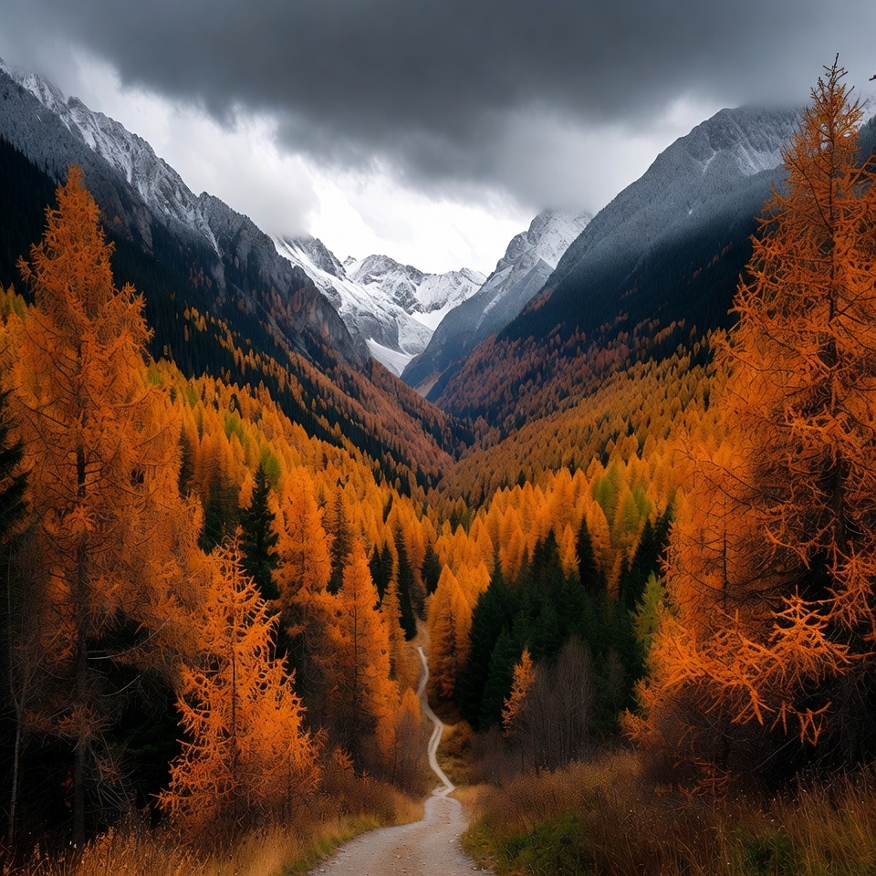 Autumn Valley with Snowy Mountains Autumn Valley with Snowy Mountains