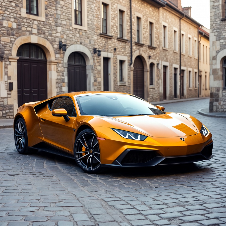 Orange Lamborghini parked on cobblestone street Orange Lamborghini parked on cobblestone street