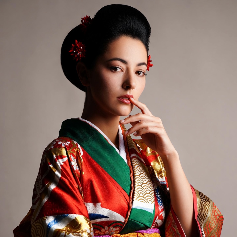 Asian woman in kimono touching chin Asian woman in kimono touching chin