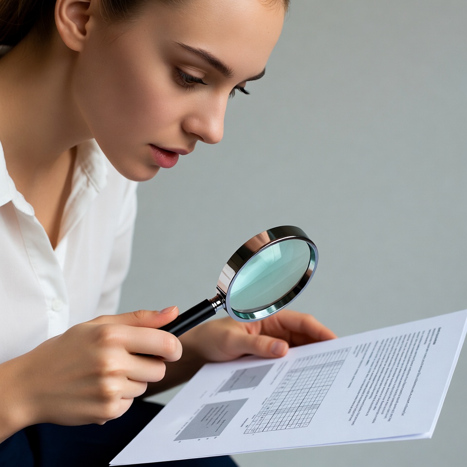 Woman examining document with magnifying glass Woman examining document with magnifying glass