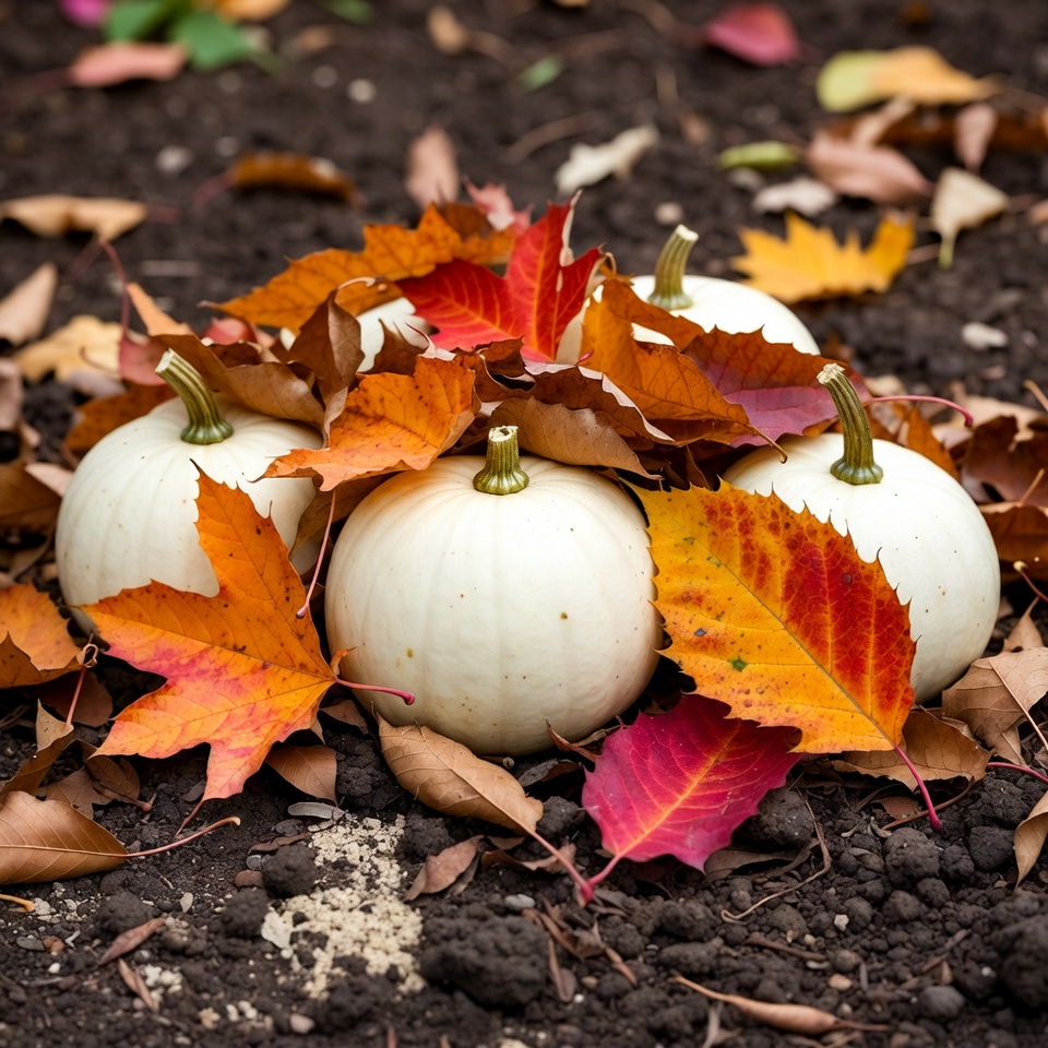 White Pumpkins with Autumn Leaves White Pumpkins with Autumn Leaves