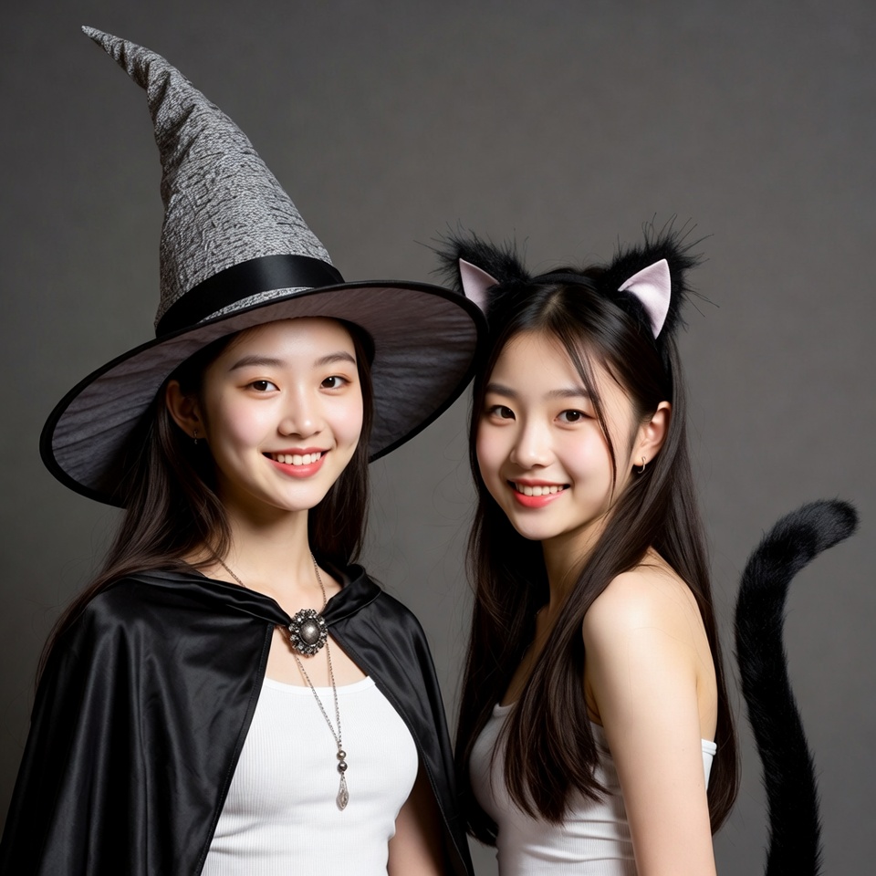 Two Asian girls in Halloween costumes Two Asian girls in Halloween costumes