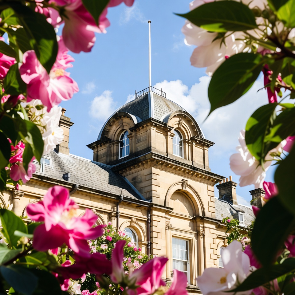 Sandstone Mansion Framed by Pink Flowers Sandstone Mansion Framed by Pink Flowers