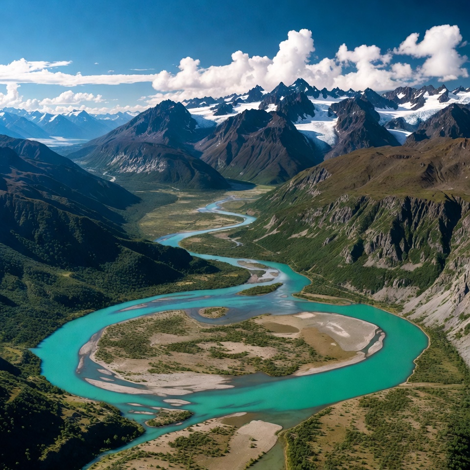 Turquoise River Meandering Through Snowy Mountains Turquoise River Meandering Through Snowy Mountains