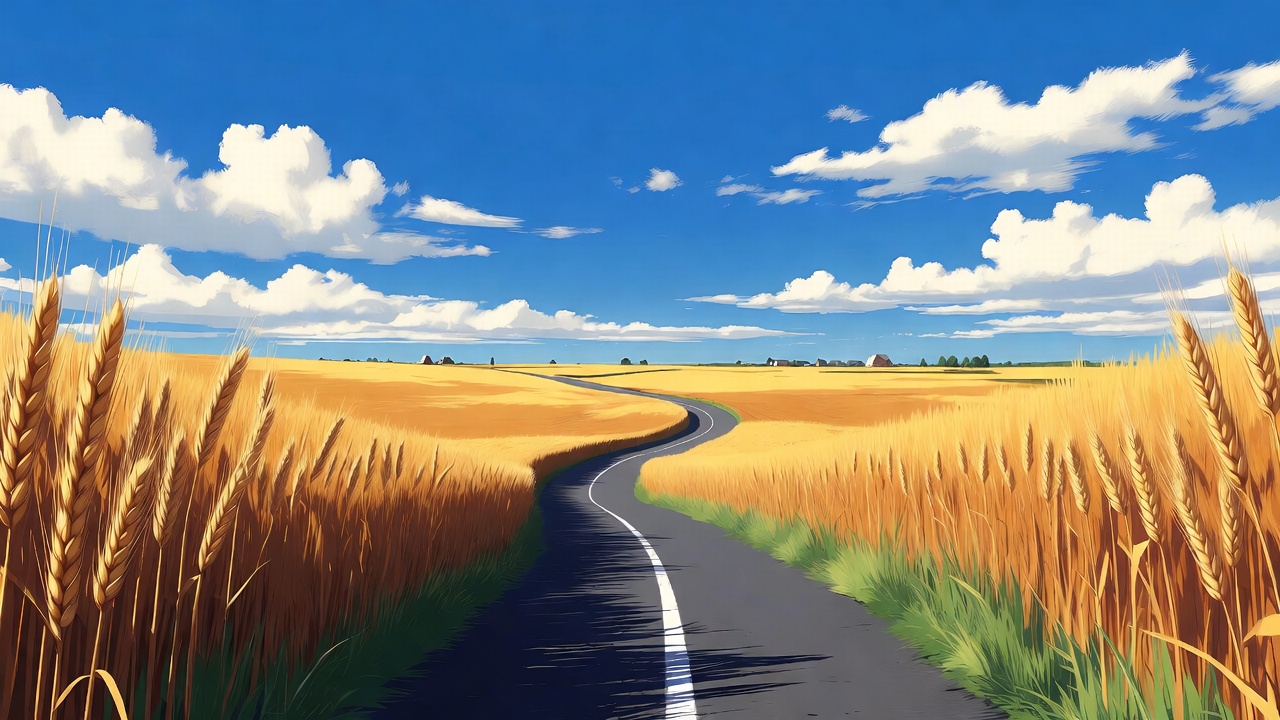 Winding road through wheat field Winding road through wheat field