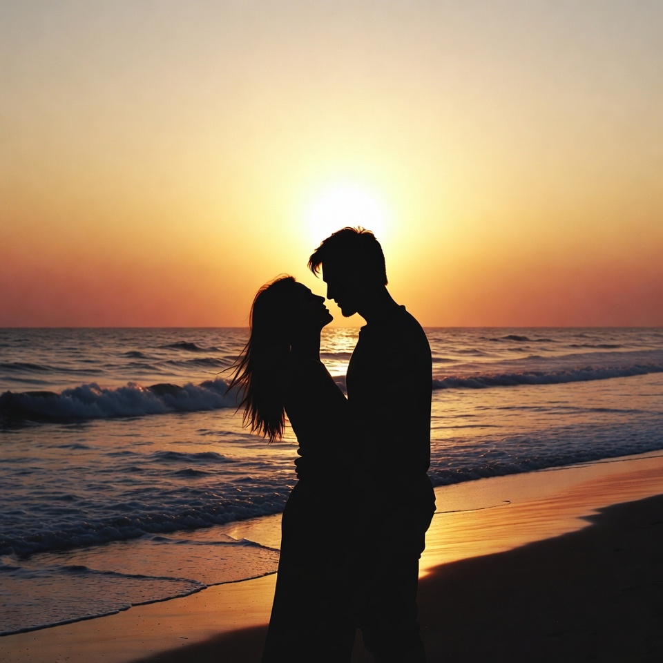 Silhouette couple kissing at sunset beach Silhouette couple kissing at sunset beach