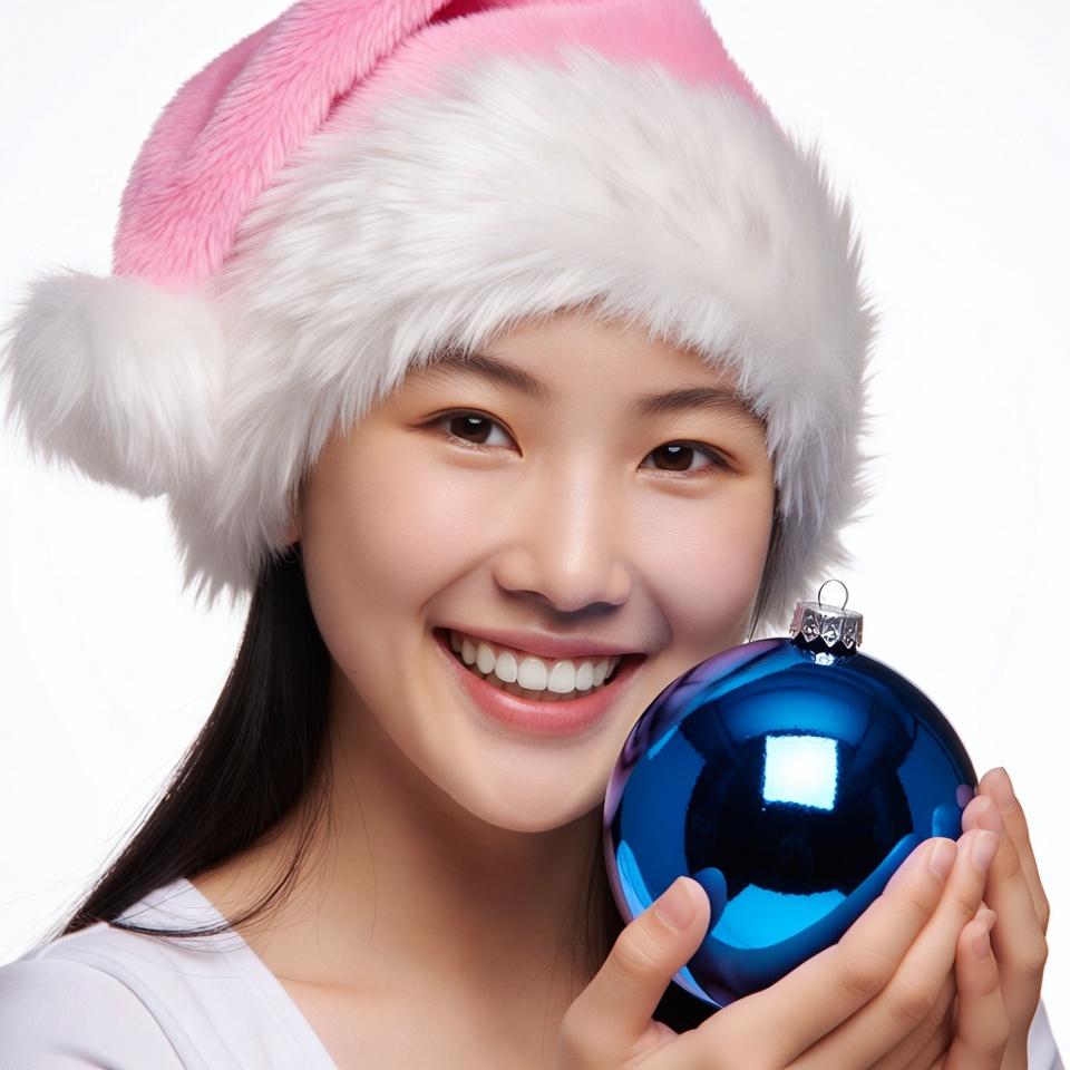 Asian woman holding blue Christmas ornament Asian woman holding blue Christmas ornament