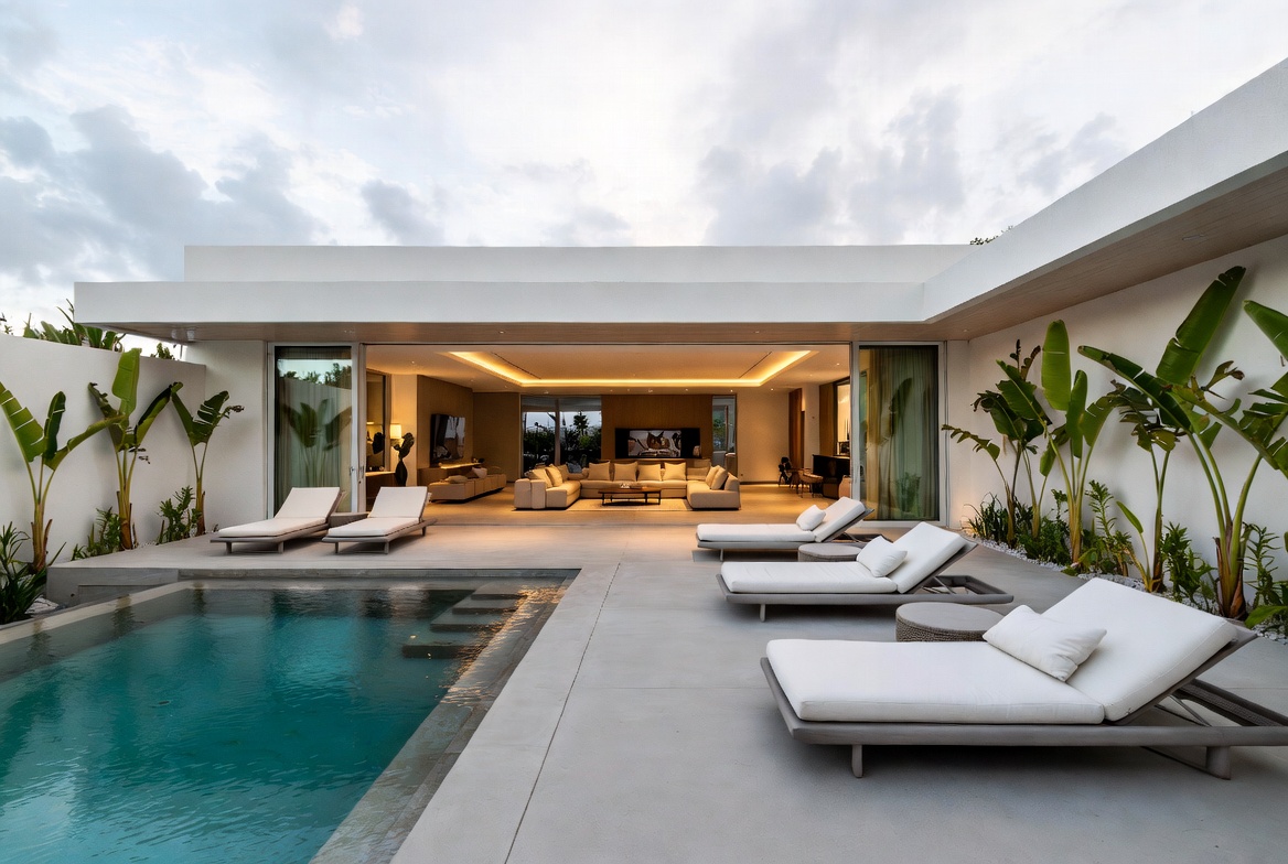 Modern White House with Pool and Lounge Chairs Modern White House with Pool and Lounge Chairs
