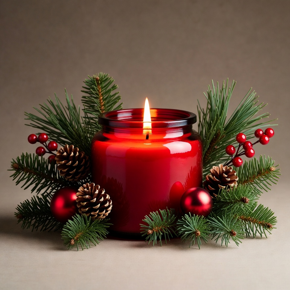 Red Christmas Candle with Pine and Ornaments Red Christmas Candle with Pine and Ornaments